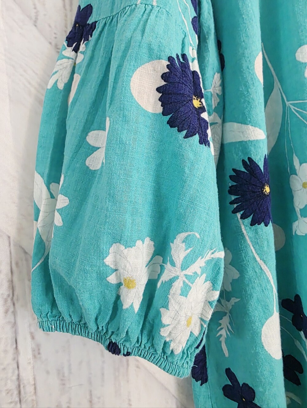 Van Heusen Floral Cotton Blend Peasant Blouse XL Aqua Blue White - Picture 4 of 8